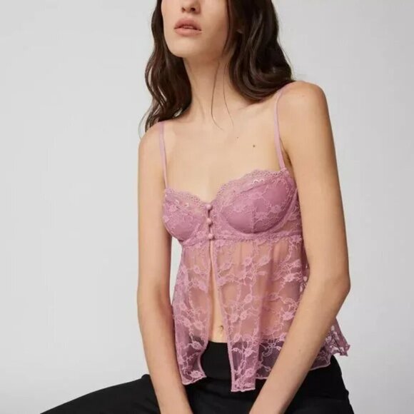 NWT UO Out From Under Cherie Sheer Lace Pink Babydoll Cami - Picture 1 of 5